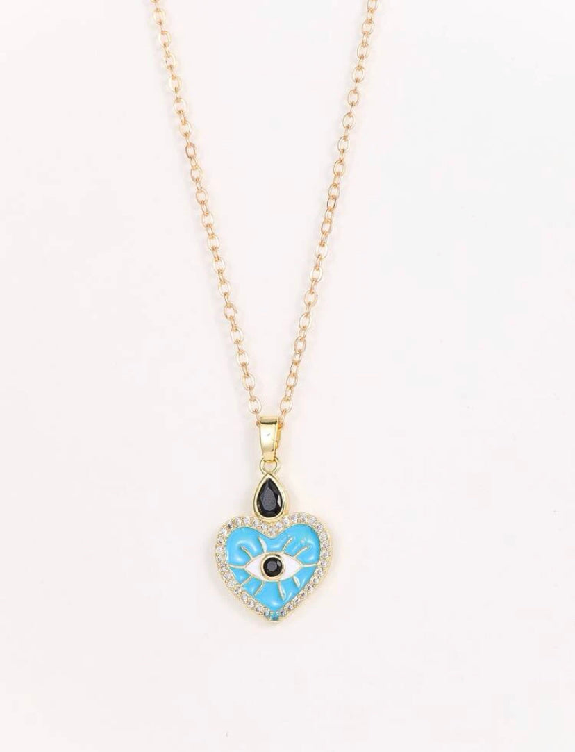 Blue evil eye heart necklace
