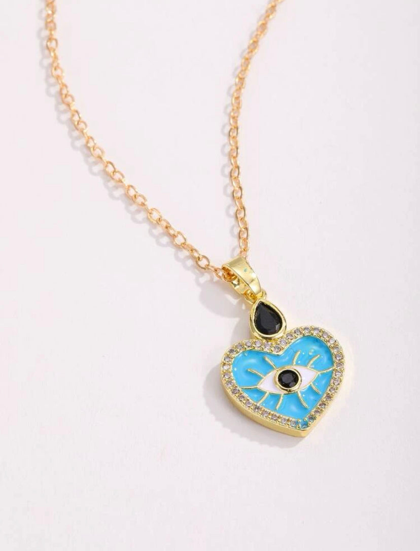 Blue evil eye heart necklace